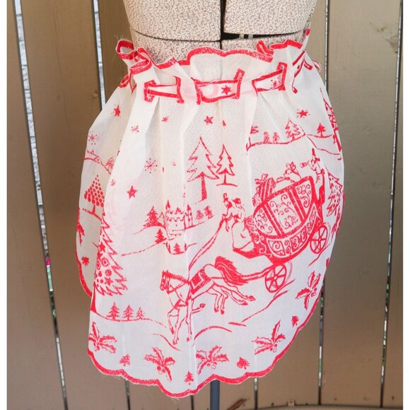 Vintage Apron Christmas Chiffon Red & White Half Apron 1950s - Picture 1 of 4